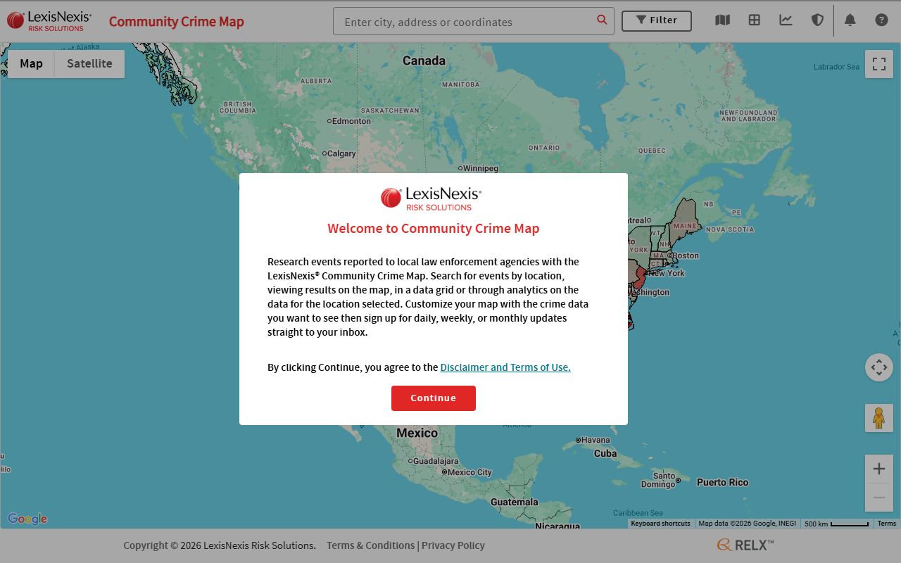 LexisNexis Community Crime Map showing police blotter incident data across Minnesota communities